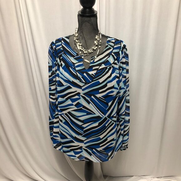 ana Blouse Womens Size XL Blue Black Gray Lined Sheer Long Sleeves Top Office - Picture 1 of 6